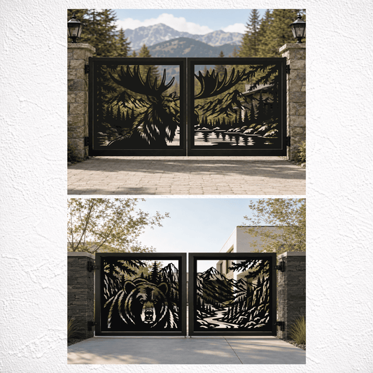 Four-section mountain wildlife gate featuring a moose, bear and forest landscape