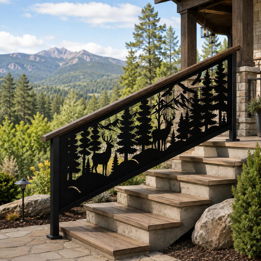 Custom deer and forest stair railing panel designed for CNC plasma, laser and waterjet cutting applications.
