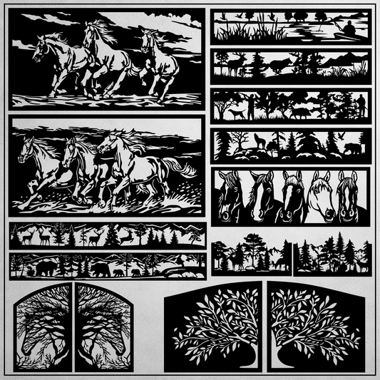 Black and white forest landscape SVG panels for laser and plasma cutting