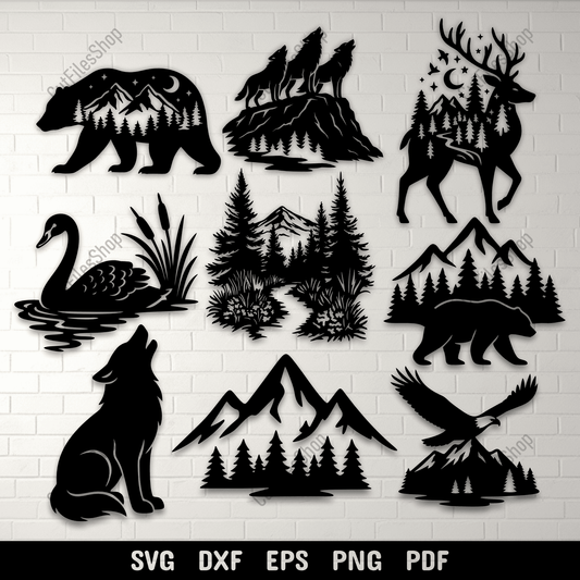 Wildlife silhouette bundle SVG with wolves, bears, deer, and eagle