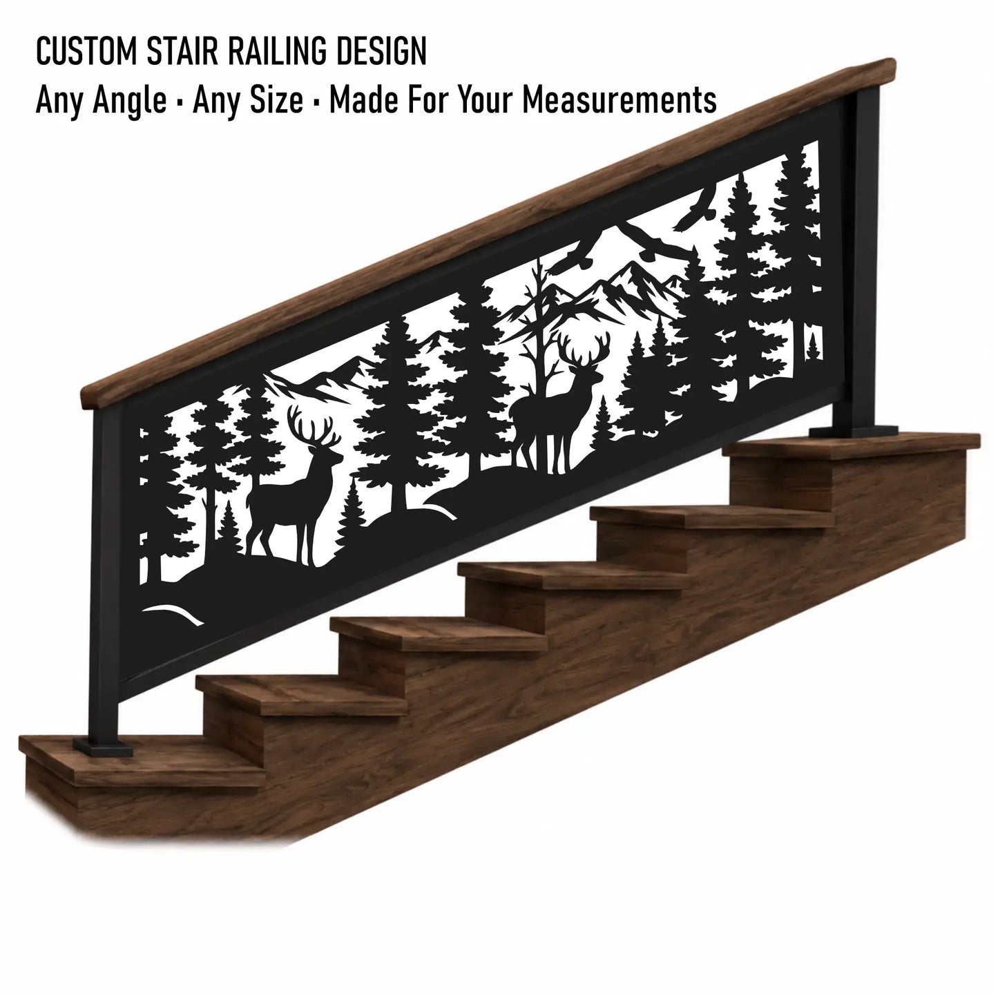 Custom staircase railing SVG DXF files for cabins, lodges, mountain homes and rustic architecture projects.