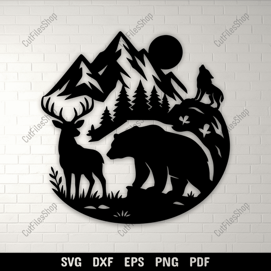 Wildlife mountain scene SVG DXF PNG with deer bear wolf