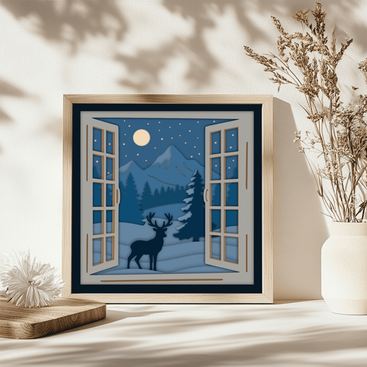 Open window winter night scene with deer and stars cutting file