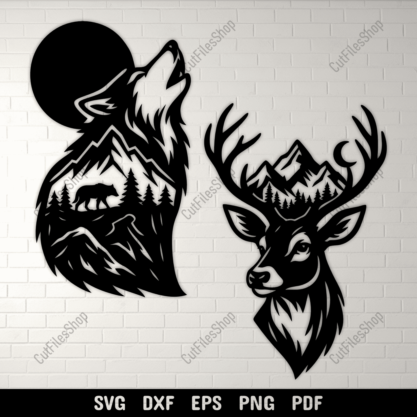 Wolf and deer SVG DXF PNG with mountain and forest design