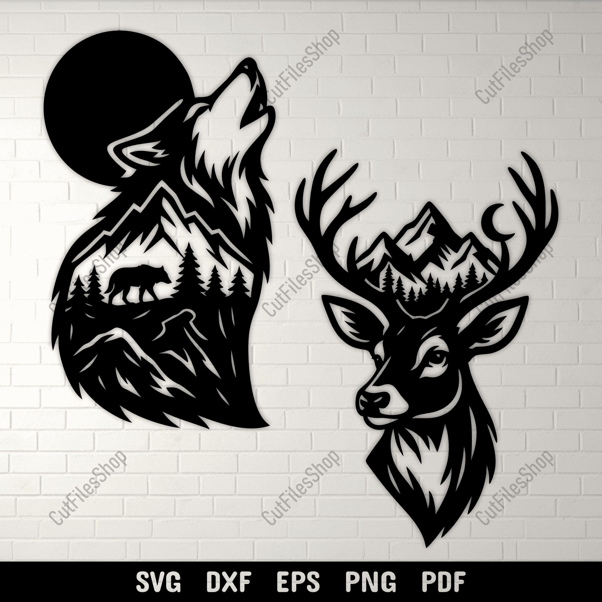 Wolf and deer SVG DXF PNG with mountain and forest design