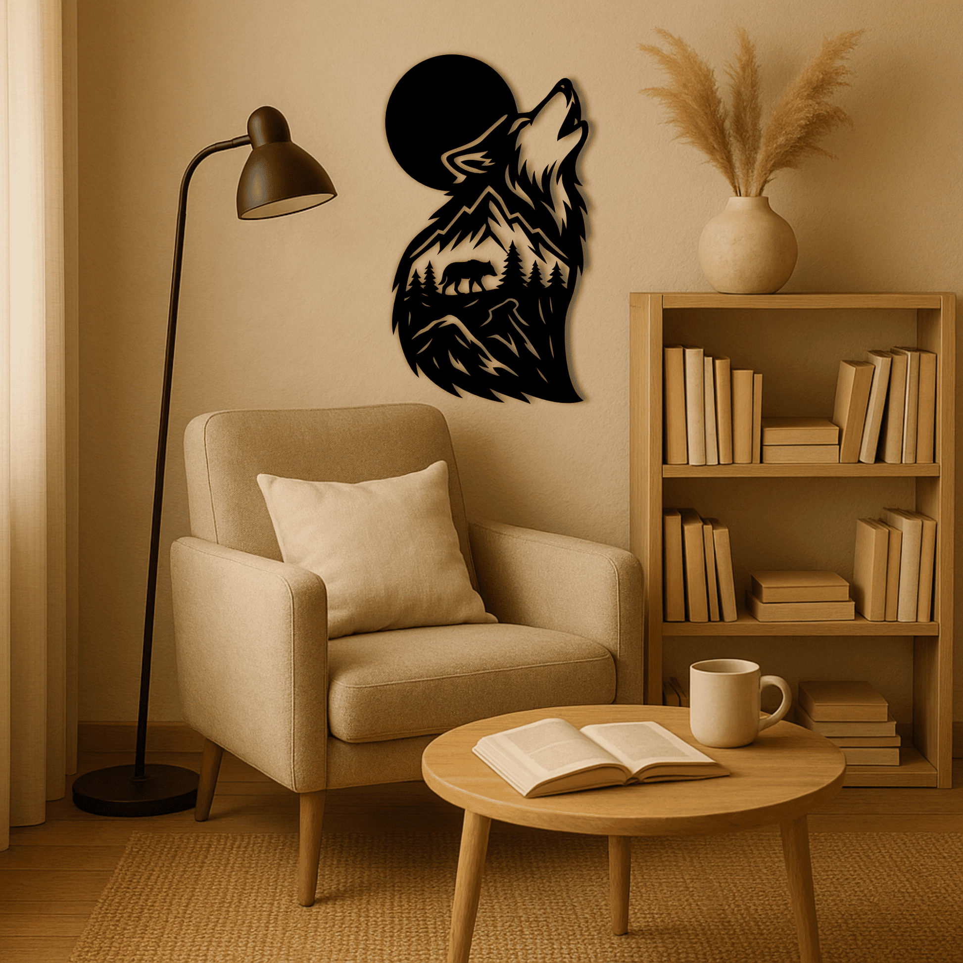 Howling wolf silhouette with forest and moon for CNC laser cutting