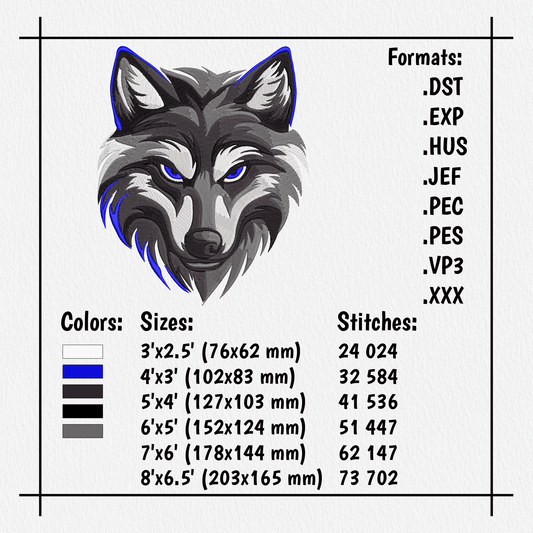 wolf embroidery design pes dst jef hus vp3 files