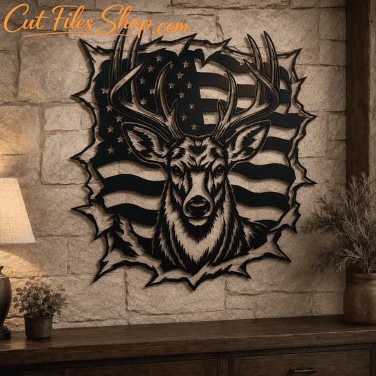 Whitetail buck laser cut file with American stars and stripes