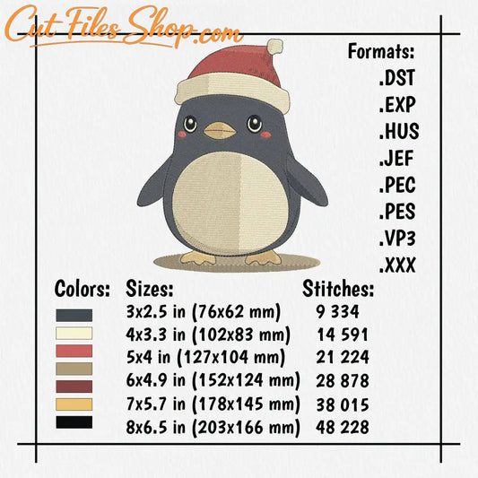 Cartoon penguin embroidery with large eyes, rosy cheeks, cream belly and festive Christmas hat.