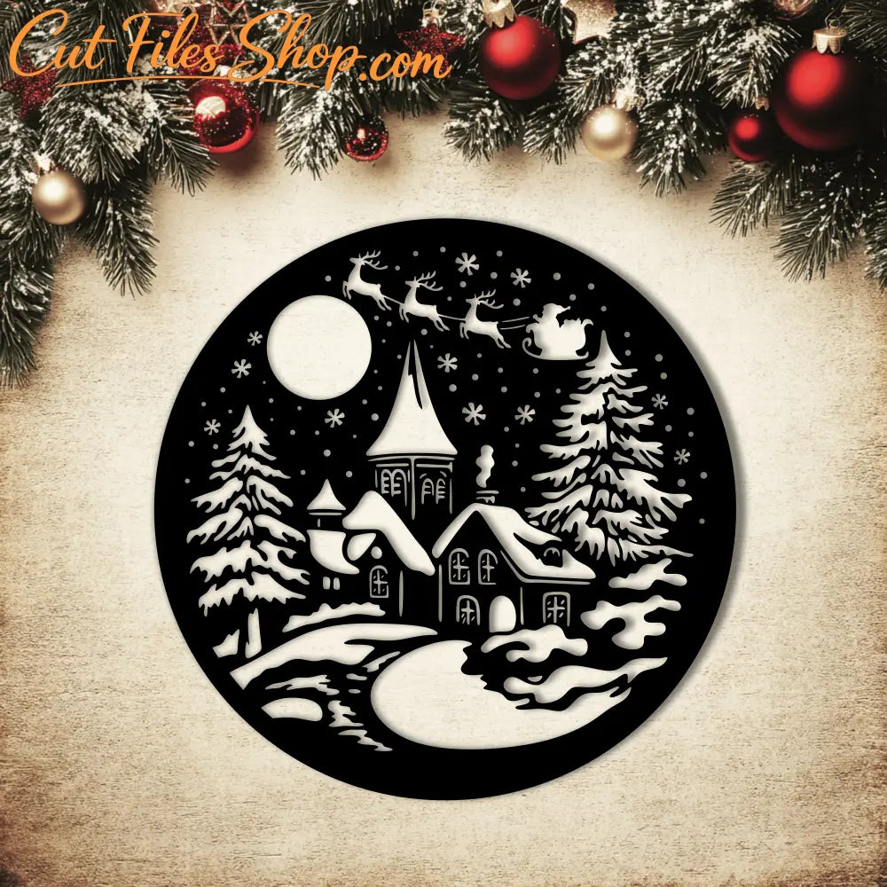 Christmas Village SVG, Church Cut Files for Cricut & Glowforge, DXF for CNC, Winter Scene Clipart, Perfect for DIY Holiday Decor, Santa Sleigh Svg, Best SVG Shop