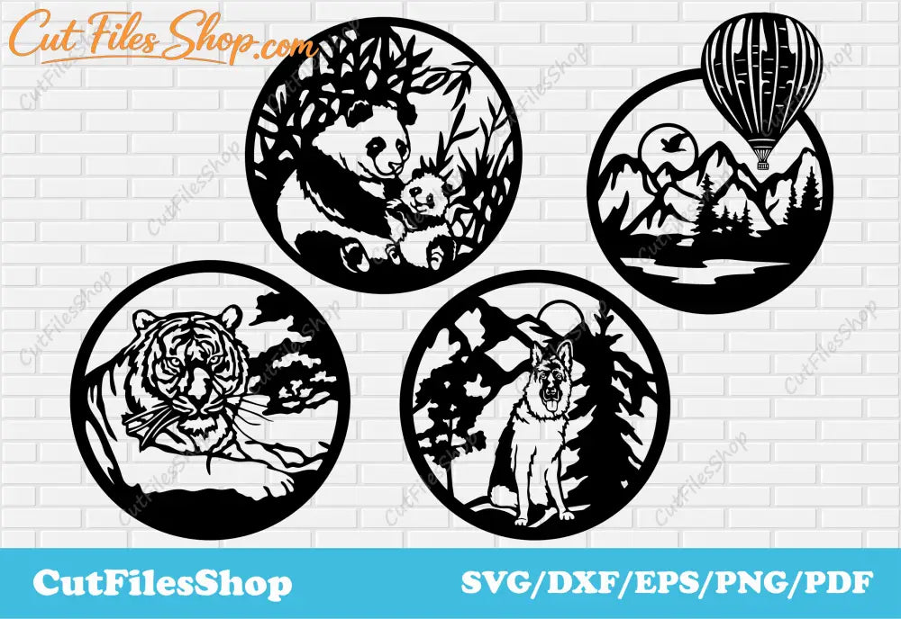 Circle decor dxf for laser cut, wall decor dxf for cnc plasma, animals decor dxf, download cnc files, tiger dxf, dog dxf, panda dxf, download free dxf, svg files ready to cut, Balloon dxf, shepherd dog dxf, home decor dxf, wall art dxf, metal cutting decor, wildlife circle dxf, mountains dxf