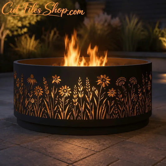 Floral scroll laser cut insert installed in a modern metal FIRE PIT