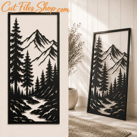 Decorative mountain landscape panel SVG DXF file for CNC laser cutting