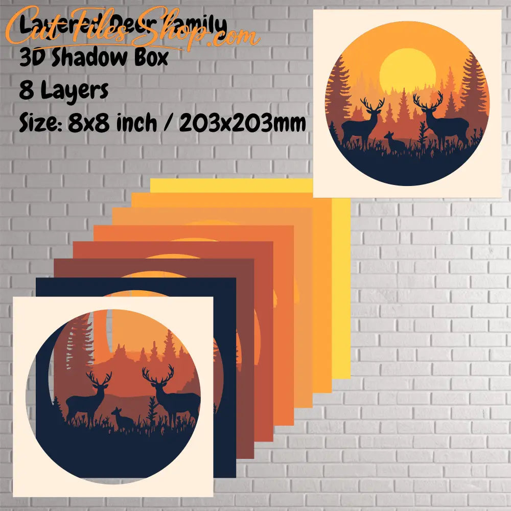 Deer Family 3D Shadow Box SVG – Multilayer Wildlife Design for Crafts