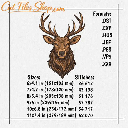 Wildlife embroidery design featuring majestic deer head for clothes and home decor