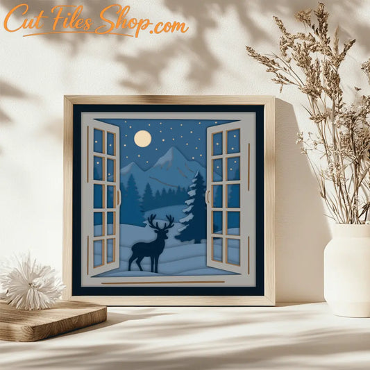 Open window winter night scene with deer and stars cutting file