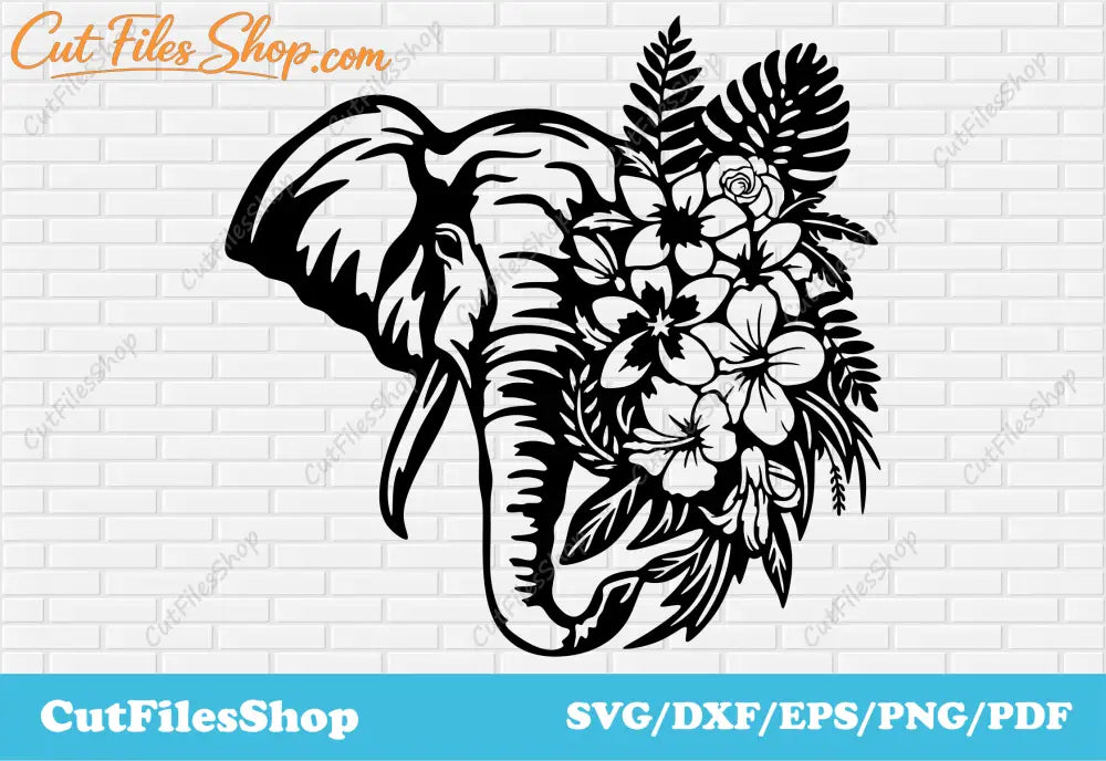 Elephant with flowers svg cut file for cricut, Dxf for cnc laser cutting, svg shirts designs, Elephant svg dxf, Cut files shop, flowers svg dxf, flowers shirts designs vector, download vector images, cnc files for cutting, plasma dxf files, svg art, dxf scene, animals scene dxf, animals art