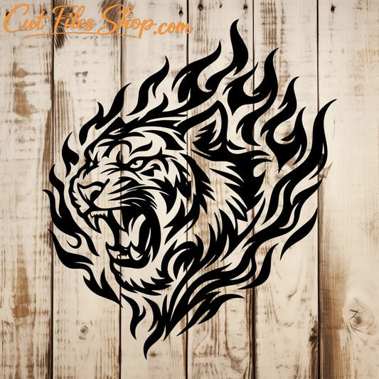 Tiger with flames silhouette for Cricut and Glowforge