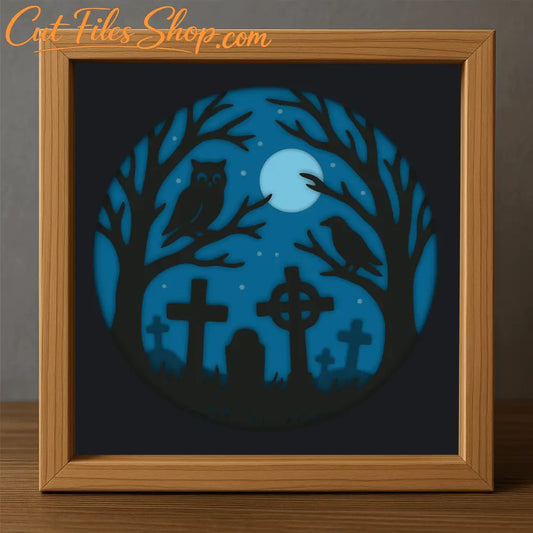 Graveyard scene 3D shadow box with owl and full moon cutting files, Layered Svg Dxf Eps Pdf