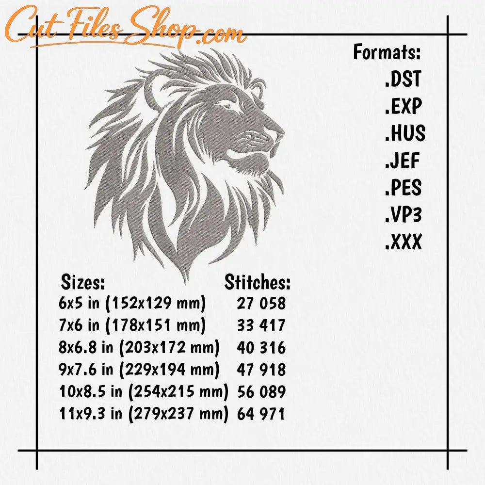 Digital lion embroidery pattern in multiple machine formats
