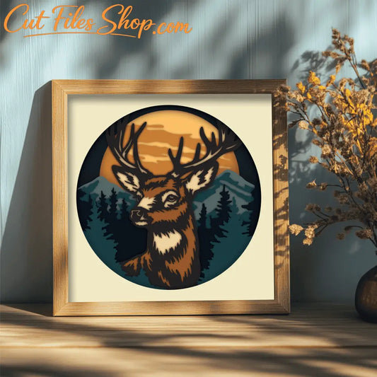 Deer head sunset mountain paper cut design for Cricut
