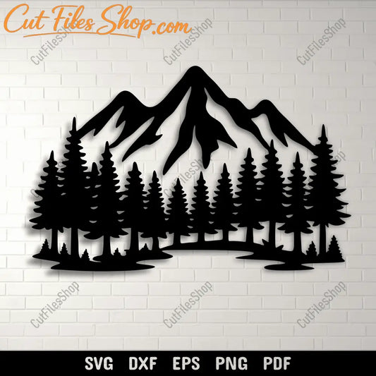 Mountain and pine forest silhouette SVG design