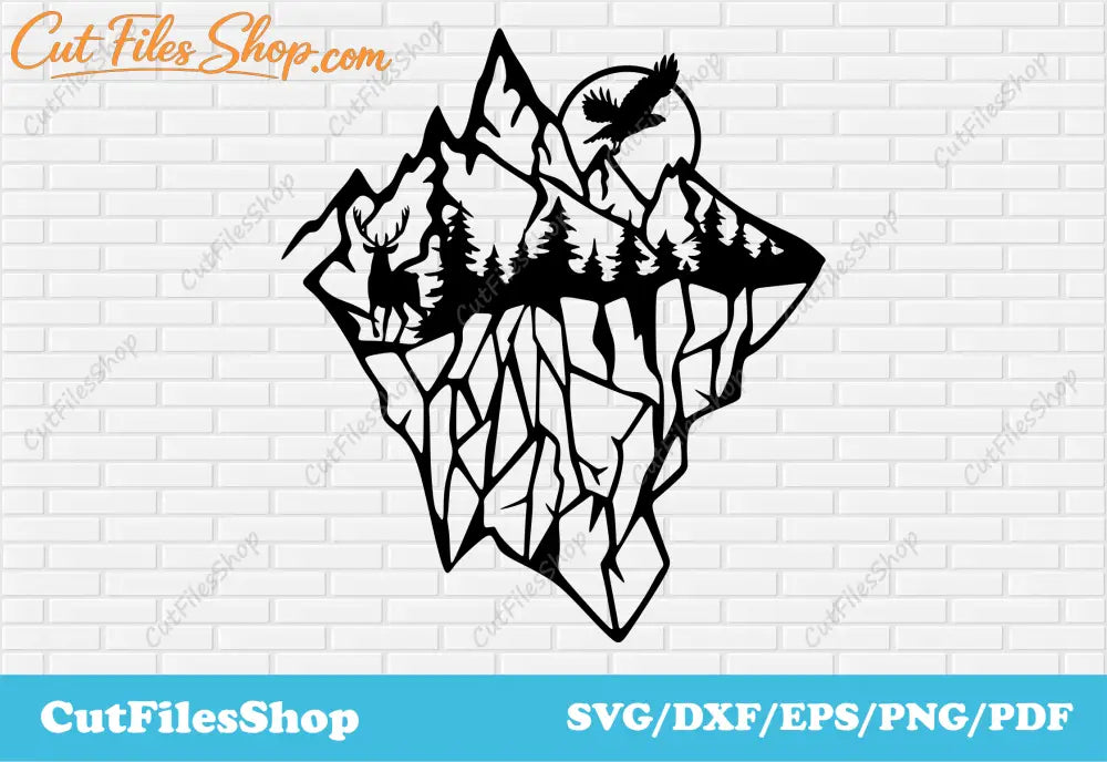 Mountains dxf for plasma cutting, Animals scenes dxf, DXF for cnc cutting, Cut Files Shop, deer scene dxf, eagle scene dxf, forest for laser cutting, sunset dxf svg, cricut cut files