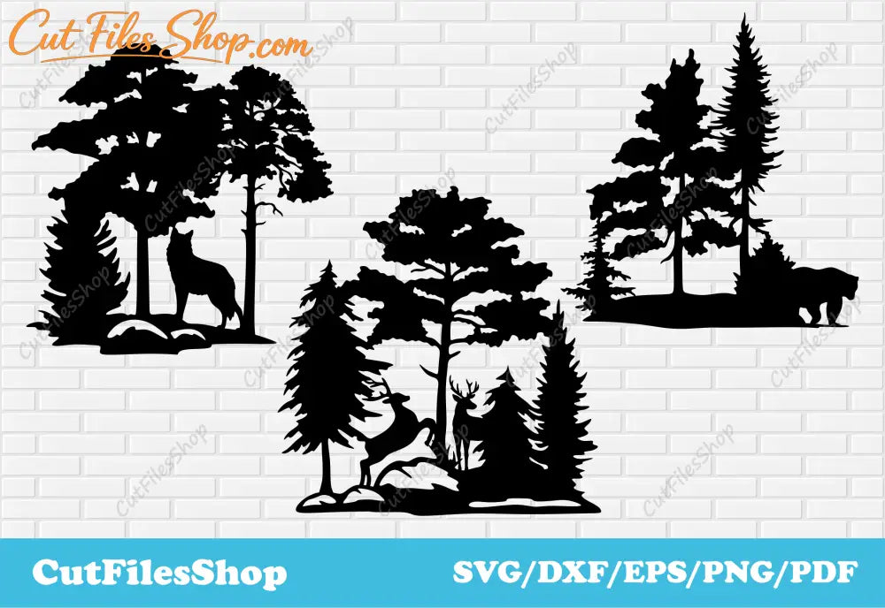 Nature scenes dxf for cnc laser cutting, CNC files for plasma, Animals scenes dxf, Cut Files Shop, wolf scene dxf for cricut, deer scene dxf svg for laser, plasma cutting dxf bear, forest dxf for cnc, wildlife scene dxf svg for cnc cutting