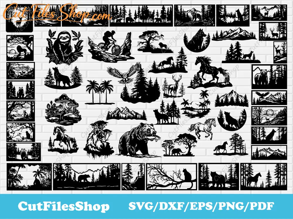 Nature scenes dxf for Laser cut, CNC files for Plasma Cutting, Panels dxf for cnc, Animals scenes dxf, Metal decor dxf designs, free cnc files, dxf art, screen dxf download, free download dxf files, wood decor dxf, wall art cnc designs, bear dxf, deer dxf, panels art dxf, mountains scenes dxf, wolf dxf, wild animals dxf, eagle dxf, horse dxf for plasma, sloth svg, free svg cut files, hunting dog svg, oak tree dxf