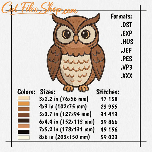 Owl perched embroidery in DST and PES formats