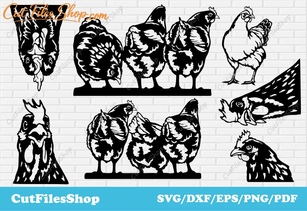 laser engraving, scrapbooking cut files, metal cutting files, vinyl cut files, Peeking chickens svg for cricut, Dxf for laser cutting, svg shirt design, Plasma cut files, Silhouette birds, chickens scenes dxf, cute farm birds dxf, funny peeking chickens svg