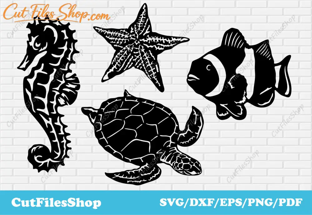 svg files, dxf files, eps files, pdf files, cutting files, cut files for cricut, dxf for laser, cnc cutting files, dxf for plasma, silhouette cameo files, free dxf svg files, Sea animals svg cut files for cricut, turtle svg, seahorses svg dxf files, starfish svg cut files, dxf for laser, sea animals free dxf, tshirt design free, t-shirt vector