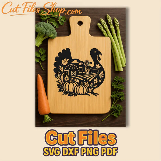 Turkey silhouette with pumpkins DXF cut file, Cutting Board svg files