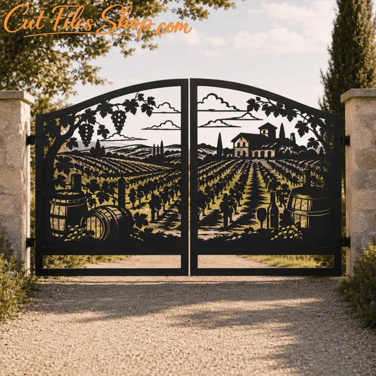 Decorative double-swing vineyard gate displayed between stone pillars