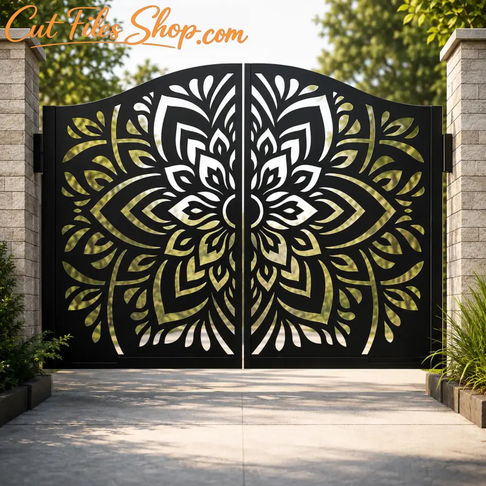 Mandala metal gate DXF SVG design with ornamental floral pattern for CNC laser cutting, driveway gates and fence panels.