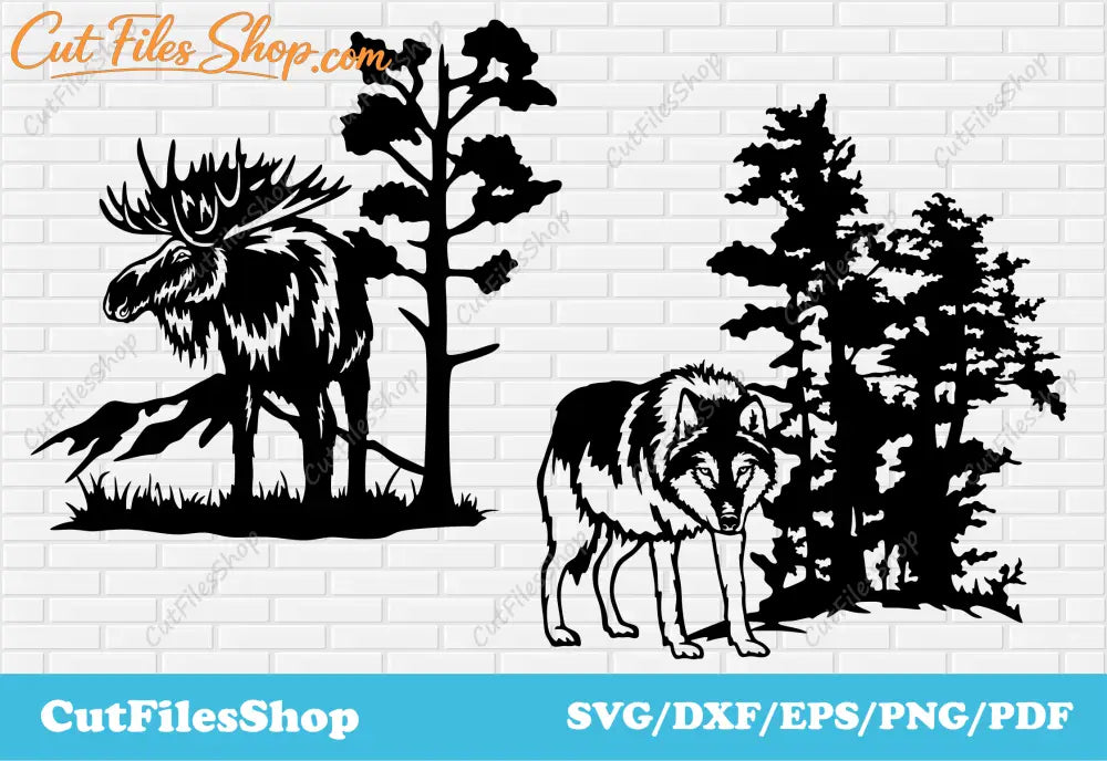 Wildlife scene dxf for laser cut, wall decor dxf, svg files for cricut, Silhouette cameo files, dxf for laser, wolf scene dxf, moose scene dxf, wildlife scene dxf, nature scene dxf, forest scene dxf, animals scene dxf, digital prints, svg for shirts