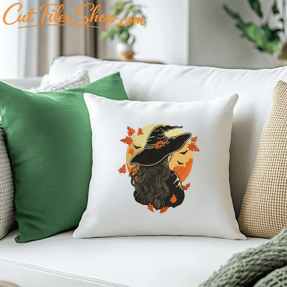 Spooky yet stylish witch embroidery design for hoodies, tote bags, and fall decor
