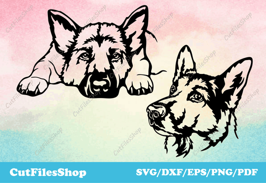 Animals dxf, dog png, dog dxf files, dog svg files, cute animals for cricut, peeking dog svg, t-shirt designs, vector stock, vector animals, files for cnc laser, dxf for cnc, German Shepherd vector