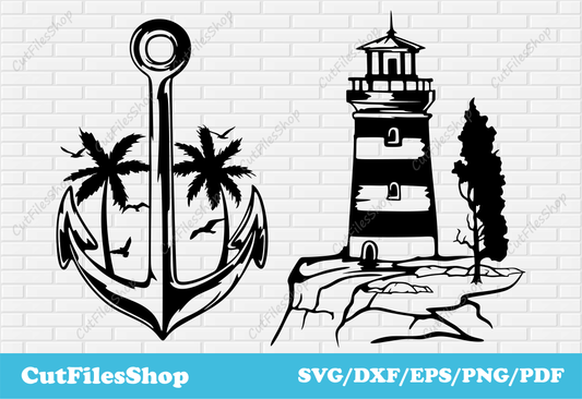 Lighthouse, anchor svg cut files for cricut, dxf for laser, cricut craft ideas, vector for sticker making, anchor dxf, lighthouse dxf, summer for cricut, summer svg files, summer vector images, t shirt summer svg, t shirt art, cricut svgs, palm dxf svg for cricut, cut files