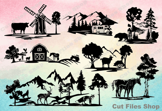 Farm animals, wildlife scene, camping svg, animals for cricut, dxf cutting, paper cut svg, eps for cricut