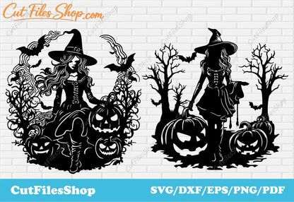 Witches svg cut files for cricut, Halloween witches svg, dxf halloween for laser, Craft svg design, witches sublimation, witches t-shirt design, decor for halloween dxf, bat svg, scary witches svg, witches hat svg, halloween tree, vintage witches, witches with pumpkins svg