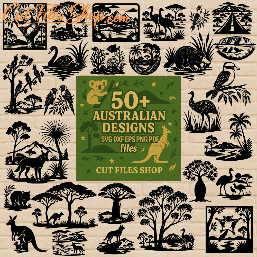 Australian wildlife SVG bundle preview with koala, kangaroo and native trees