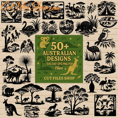 Australian wildlife SVG bundle preview with koala, kangaroo and native trees
