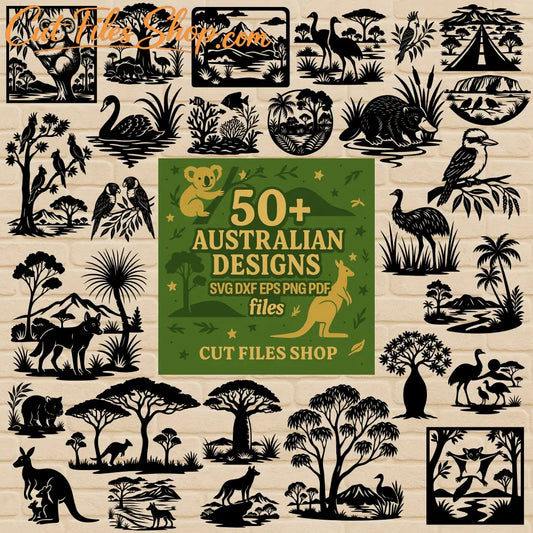 Australian wildlife SVG bundle preview with koala, kangaroo and native trees