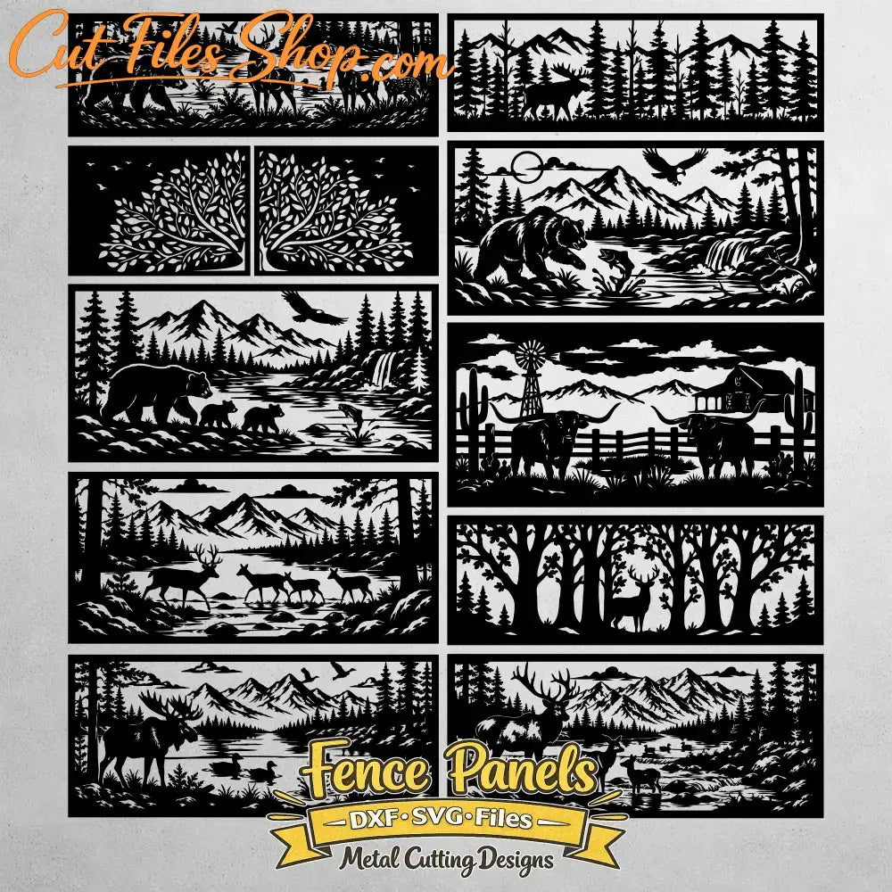 Wildlife decorative fence panel with deer moose and mountain landscape SVG DXF for CNC laser cutting