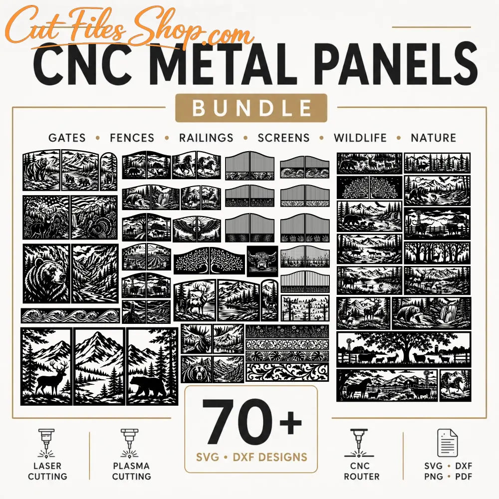 CNC gate panel DXF designs with wildlife forest and mountain scenes