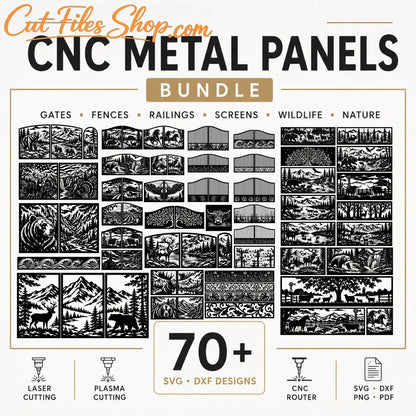 CNC gate panel DXF designs with wildlife forest and mountain scenes