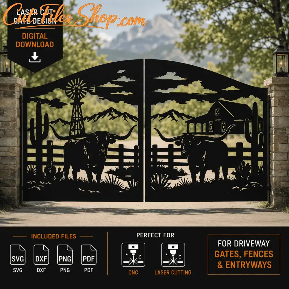 Western ranch metal gate with cattle and windmill.