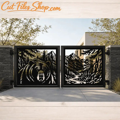 Moose and bear wildlife metal gate design with mountains, pine forest, lake and river for CNC plasma and laser cutting