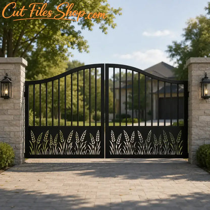 Wheat field decorative steel gate SVG for CNC plasma cutting.
